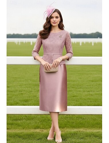  Vestido de Festa Comprimento de Chá Sheath Column Vestido de Cocktail Vestido de Convidada de Casamento Vestido da Mãe da Noiva Manga 3/4 Gola Redonda Elegante Formal com Renda