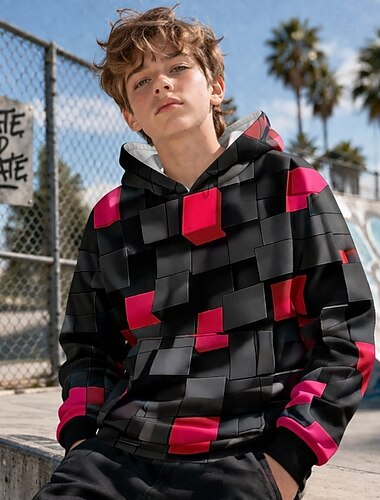  للصبيان 3D الرسم هندسي هوديي Pullover كم طويل طباعة ثلاثية الأبعاد الصيف الربيع الرياضات موضة أناقة الشارع أطفال 4-12 سنة مع قبعة فضفاض مناسب للبس اليومي الأماكن المفتوحة عادي