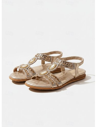  Sandales plates pour femmes ornées de strass dorés – chaussures glamour pour invitées à un mariage sur la plage, sandales bohèmes d'été pour les vacances et les fêtes en station balnéaire &événements