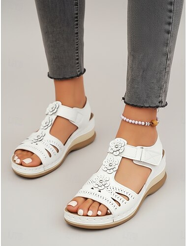  Witte damessandalen met sleehak en bloemenprint, comfortabele sandalen met open neus en bloemenversiering, verstelbare bandjes, casual schoenen voor de zomer, tuin of vakantie. &dagelijkse kleding