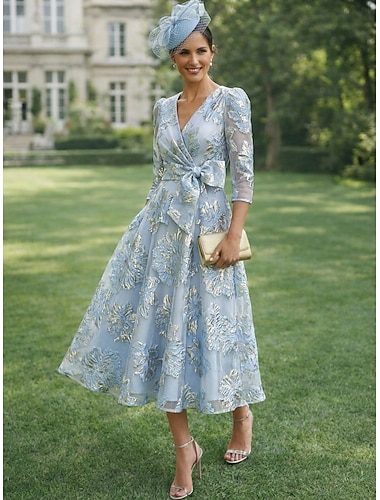  A-Linie Knöchellänge Tee-Länge Blumenkleid Cocktailkleider Elegant Vintage Blumen Langarm V Ausschnitt Gartenparty Hochzeit Tasche Satin Jacquard mit Blumenmuster Schleife(n)