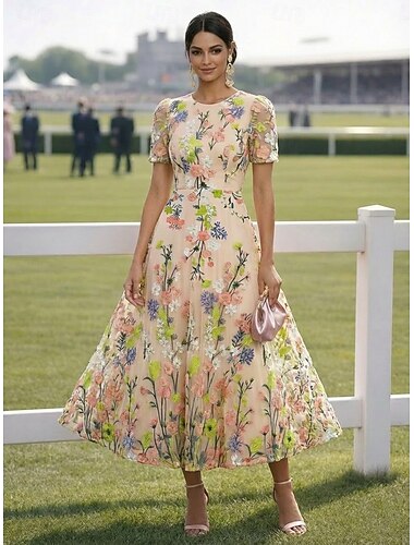  גזרת A באורך הקרסול שמלות קוקטייל אלגנטית וינטאג' פרחוני שרוולים קצרים צווארון עגול קצר מסיבת חצר חתונה סאטן טול גב בדוגמת דרפה עם פרח רקום קפלים ריקמה