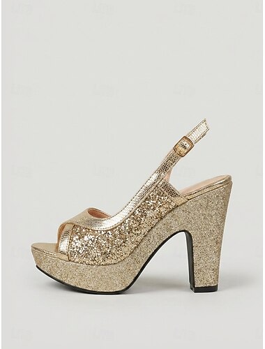  Sandálias femininas douradas de plataforma com salto alto – sandálias de salto grosso com glitter e bico aberto para festas de coquetel e eventos noturnos. &noite fora