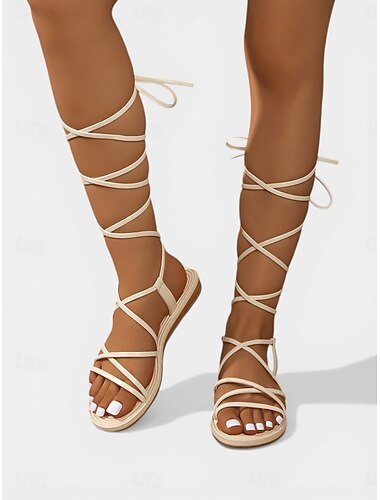  Witte platte sandalen met bandjes voor dames, comfortabel voor op vakantie &resort avondschoenen