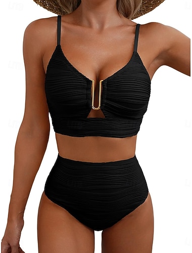  Dámské Plavky Bikiny 2 ks Vysoký pas Plavky Nabírané šaty Volná záda prázdniny Oblečení na pláž Bez vzoru Do V Bez rukávů Plavky