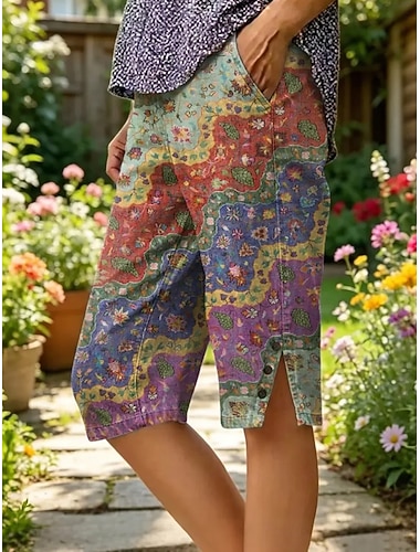  Dámské Capri kalhoty Legíny prázdniny Vinobraní ve stylu pobřežní babičky Telecí délka Středně vysoký pas Květinový Grafika Tisk Pohodlné Neelastické Denní Venkovní ulice Tlumená zeleň Trávová zelená