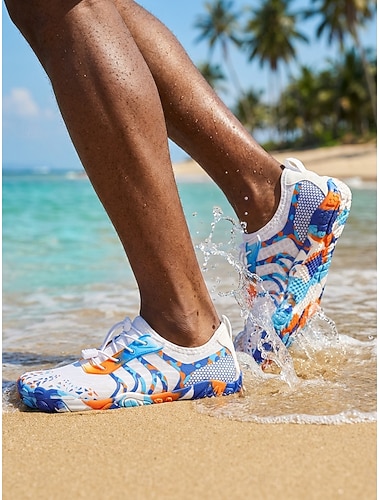  Chaussures aquatiques blanches et bleues pour hommes, à séchage rapide, légères et minimalistes, antidérapantes, idéales pour les activités nautiques, la natation, les voyages en bord de mer, le surf, la randonnée en rivière et les sports de plein air.