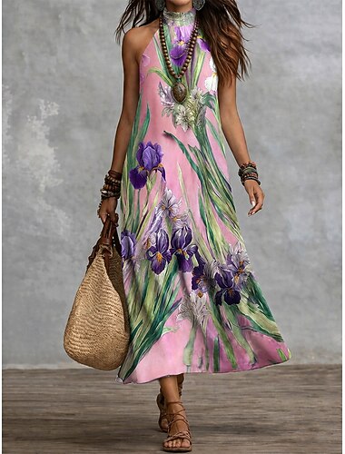  Per donna Abito maxi Vestito in Chiffon Vestito Casual Vestito a ruota Abiti Boho Chic Bohemien Vacanza Tropicale Spiaggia Ferie Data Vestibilità regolare Floreale Grafico Senza Maniche All'americana