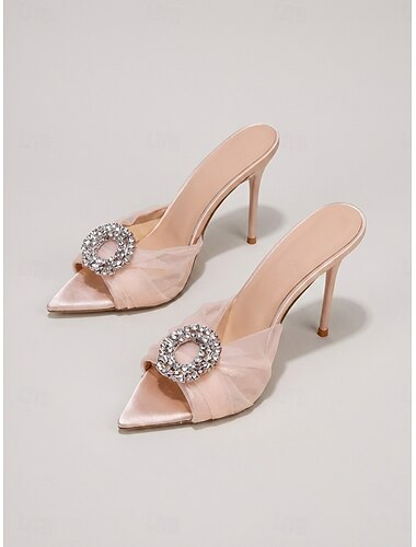  Rosafarbene Damen-Mules mit Strasssteinen – elegante offene Sandalen zum Hineinschlüpfen für Gartenhochzeitsgäste &Sommerpartys