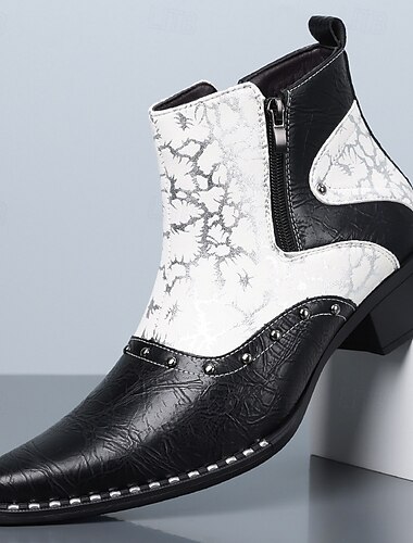  Pánské černobílé westernové kotníkové boty s bočním zipem, kovbojské boty se špičatou špičkou pro stylové muže, ideální na hudební festivaly, večírky, pódiové oblečení a módní outfity