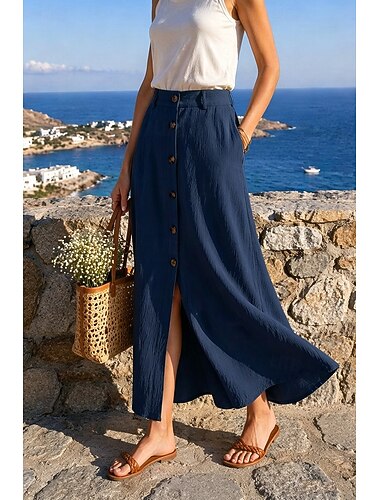  Naisten Lomahame Keinopuuvillainen pellavahame Muoti rannikko-mummotyyliin Vapaa-aika Kesä Maxi Keskivyötärö Hameet Yhtenäinen Joustamaton Päivittäin Loma Musta Valkoinen Laivaston sininen Oranssi