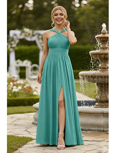  גזרת A שמלה לשושבינה  חזית בהצלבה ללא שרוולים אלגנטית עד הריצפה שיפון עם שסע קדמי / צבע אחיד