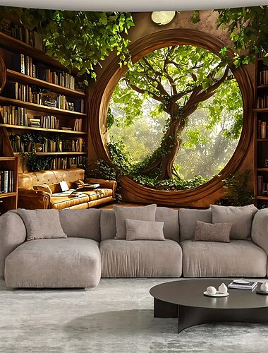  biblioteca magica sala lettura fantasy finestra rotonda vista albero verde lussureggiante libreria libri vintage divano arazzo da parete sfondo da appendere per camera da letto studio ufficio casa