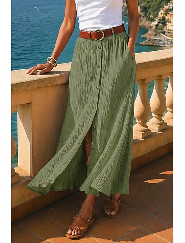  Naisten Lomahame Keinopuuvillainen pellavahame Muoti rannikko-mummotyyliin Vapaa-aika Kesä Maxi Keskivyötärö Hameet Yhtenäinen Joustamaton Päivittäin Loma Musta Valkoinen Laivaston sininen Apila Kesä