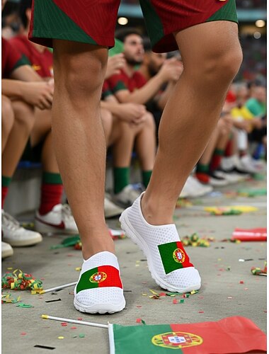  Heren slip-on sneakers met Portugese vlag – ademende casual schoenen van mesh voor voetbalfans, wandelen, reizen en wedstrijddagen.
