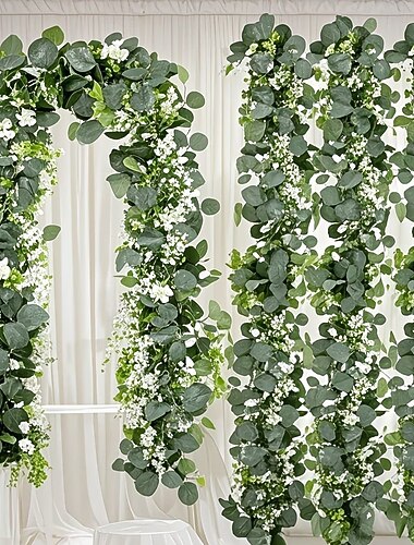  Juego de 2/4 guirnaldas de eucalipto, longitud total 141,73 pulgadas, adornadas con flores blancas, hojas plateadas y enredaderas de follaje realista, adecuadas para decoraciones de bodas y fiestas,