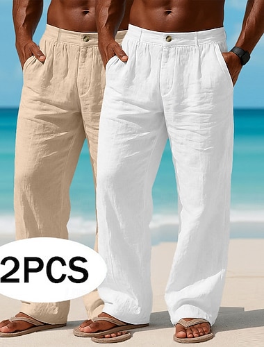  Herren Leinenhosen Hose Sommerhose Baggy-Hosen Strandhose Tasche Einfach Komfort Atmungsaktiv Volle Länge Lässig Täglich Outdoor Urlaub Mode Weiß + Khaki Braun + Schwarz Mikroelastisch