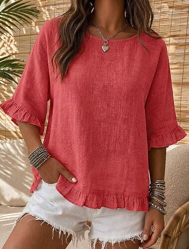  Dames Zomer tops Effen Kleur Vakantie Vintage Korte mouw Normale tops Casual blauw Geel Wijn Rood Licht Paars Zomer Lente