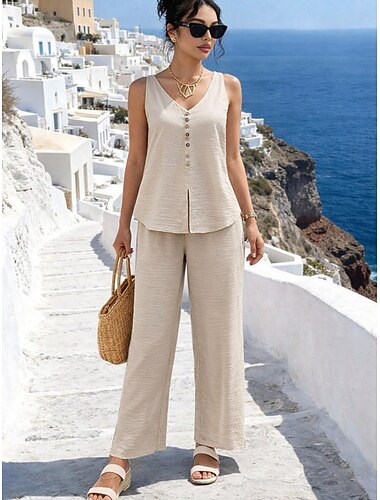  Dames Broeken Sets Mouwloos V-hals Effen Modieus Streetwear Casual Dagelijks Buiten Zwart Geel Zwembad Zomer Ruim Passend