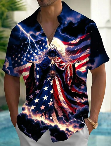  Homme 4 juillet, 250e anniversaire des États-Unis déesse Drapeau Américain Chemise Chemise d'été Chemise Boutonnée Manche Courte Patriotique Extérieur Fête Été Printemps Col Rabattu Impression 3D