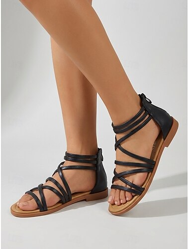  Sandales gladiateur multi-brides pour femmes - sandales plates bohèmes confortables avec fermeture éclair à l'arrière &Bretelles fines pour les vacances en station balnéaire, les croisières d'été