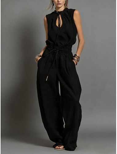  Dames Jumpsuit met linnenlook Elegant Mouwloos Breed Been Strakke ronde hals Dagelijks Strand Ruim Passend blauw Zwart Licht Bruin Zomer