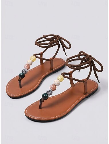  Zwarte gladiatorsandalen met vetersluiting voor dames - boho sandalen met bandjes en kleurrijke kralen &Enkelbandjes voor strandvakanties en eilanduitjes. &zomerfestivaloutfits