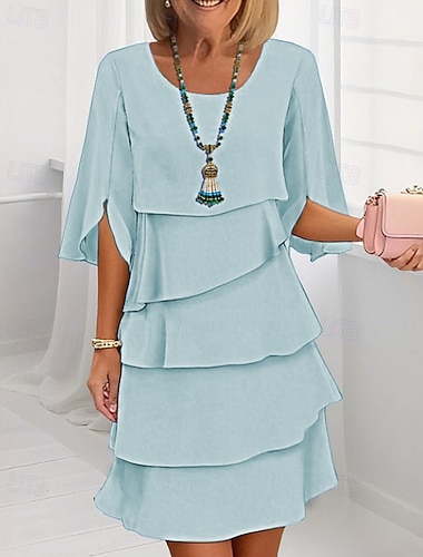  Damen Minikleid Chiffonkleid Kleid für Hochzeitsgäste Stufenkleid Mode Modern Outdoor Ferien Ausgehen Normale Passform Einfach Halbarm Rundhalsausschnitt Blau Schwarz Rosa Frühling Herbst