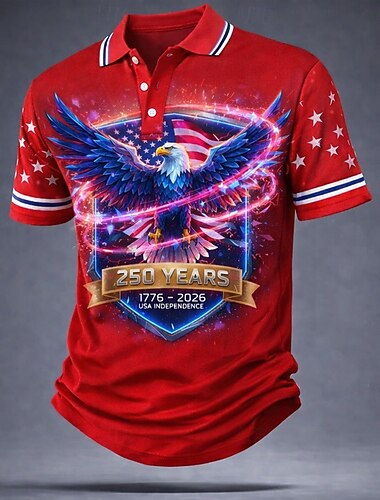  4 يوليو 2026، الذكرى 250 رجالي علم الولايات المتحدة الأمريكية قمصان البولو كم قصير قمصان البولو قميص بياقة كاجوال الأماكن المفتوحة ملابس الشارع ملابس الرياضة Buttons خامة شبكية تسمح بمرور الهواء