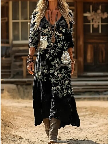  Dames Maxi-jurk Zonnejurk Zomerjurk Vakantie Casual Boho Dagelijks Normale pasvorm Ombre Grafisch Kleurenblok Lange mouw V-hals Zwart Licht Bruin Groen Lente Herfst