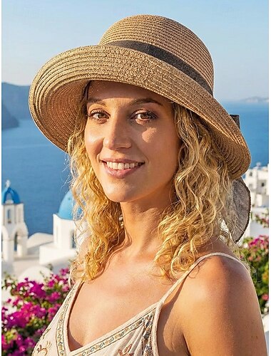  Naisten boheemi kudottu aurinkohattu, taitettava, leveälierinen olkihattu rusettikoristeella useissa väreissä rantalomaan, päivittäiseen vapaa-ajan käyttöön, matkoille ja kesälomakohteiden tyyliin
