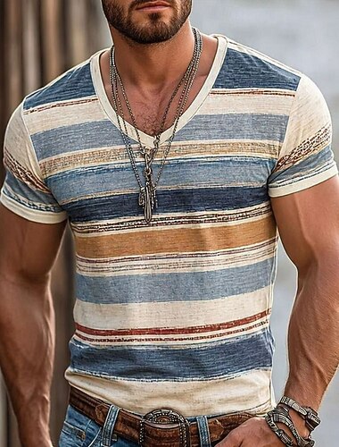  Homme Bloc de Couleur Ligne T-shirt Manche Courte T-shirt Impression 3D Col en V Chemise Vacances Rétro Vintage Occasionnel Quotidien Rue Bleu Bleu Ciel Rouge Printemps & Été Vêtement Tenue S M L XL