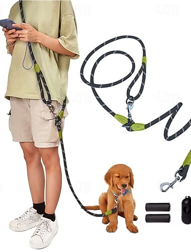  Handsfree hundkoppelset midja/rygg dubbelkoppel med justerbar sektion, slitstarkt, lämplig för två hundar, nylonreflekterande, kraftigt, töjbart vandringskoppel för små och stora hundar