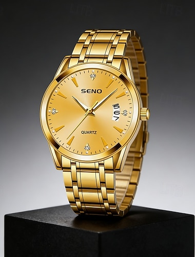  Luxuriöse Herren-Armbanduhr in Gold, Quarzwerk, eleganter Business-Stil, Edelstahlarmband, Datumsanzeige, wasserdicht, stilvolles Geschenk für Väter und Ehemänner