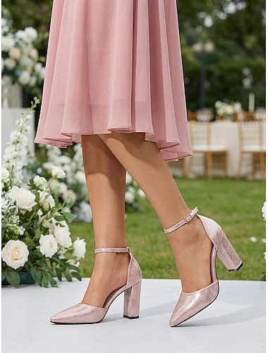  Damesko med gullfarget metallisk blokkhæl, spiss tå og ankelrem, elegante pensko til bryllupsgjester, hagebryllup &formelle arrangementer