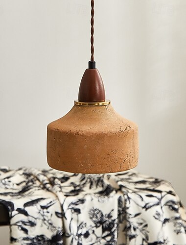  מנורת תליון בטון רטרו בצבע קפה וואבי סאבי מנורת תלייה קרמית, מנורת תליון עץ מלא בסגנון יפני מתכווננת מנורת תלייה לתקרה טרקוטה מאמצע המאה, g9 110-240v
