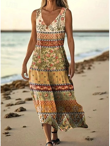  Per donna Abito Midi Abito Boho Abito Vintage Vestito Casual Vintage Vestibilità comoda Floreale Senza Maniche Scollo a V Giallo Rosso Azzurro cielo Viola Estate Primavera