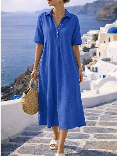  Damen-Midikleid aus Baumwollleinen, Hemdkleid im A-Linien-Stil, lässig, locker geschnitten, schlicht, kurze Ärmel, Reverskragen, in Blau, Schwarz, Gelb, Rosa, für Sommer, Frühling und Herbst