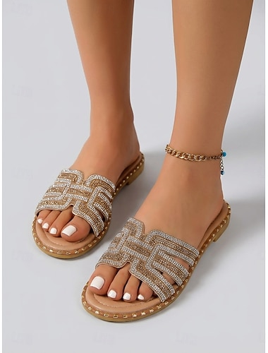 Sandales plates à strass couleur champagne pour femmes - pantoufles étincelantes idéales pour les séjours dans les hôtels de luxe et les soirées à la plage &vêtements de villégiature d'été