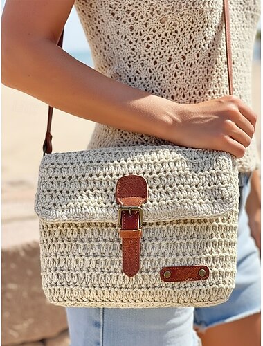  Dames crossbodytas van geweven stro in ivoor en kaki met verstelbare riem, ideaal voor strandvakanties, resortreizen, casual zomeroutfits en dagelijks gebruik.