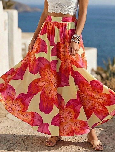  Damen Urlaubsrock Elegant Mode Lässig Lang Maxi Mittlere Taille Röcke Blumen Grafik Gerafft Druck Mikroelastisch Lässig Ferien Weinrot Sommer 100% Polyester