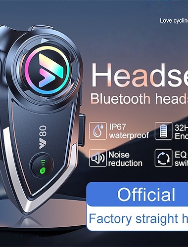 Y80 motorhelm Bluetooth-headset, IP67 waterdicht draadloos communicatiesysteem, 32 uur batterijduur, ruisonderdrukking, RGB-verlichting, equalizer voor motorrijden