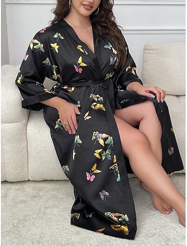  Dame lounge Kappe Nattkjole Mote Fritid Grafisk Sommerfugl Silkemyke satengpysjamas Lapper Kjoler Hjem Feriereise Langermet V-hals Svart Sommer Vår Normal Løstsittende