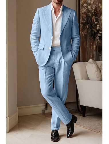  Heren Smoking Linnen pakken Schoolfeest Bruiloft Wit Blozend Roze Zomer Jasje Puntige revers Feest Lichtgewicht Effen Getailleerd 2-delige set Enkele rij knopen met twee knopen