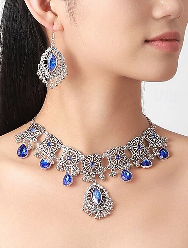  Schmuckset 2 Chrom 1 Halskette Ohrringe Damen Vintage Mode Schmuck-Set Für Party-Abendmode