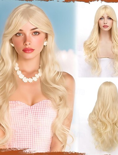  Peruca ondulada feminina com franja, 68 cm (27 polegadas), repartição central, fibra sintética resistente ao calor, cachos naturais, ideal para uso diário e festas - loiro dourado