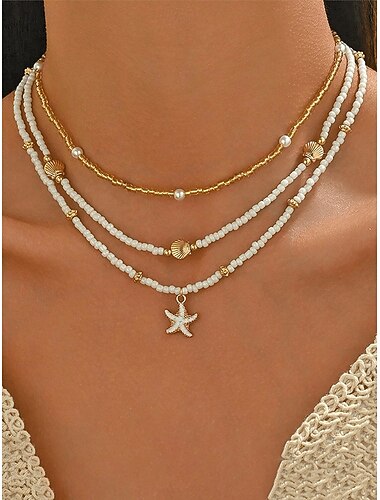  naisten boheemi metalliseos meritähti riipus 3-kerroksinen kaulakorusetti, rantaloman korut tytöille ja naisille, kerrostettu helmillä koristeltu kaulakoru matkoille ja jokapäiväiseen käyttöön