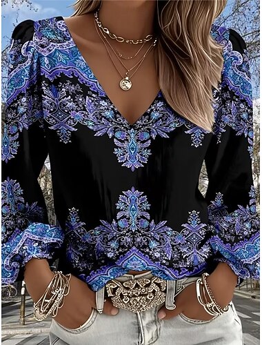  בגדי ריקוד נשים חולצה גראפי גיאומטרי פייסלי בוהמיה חופשה וינטאג' שרוול ארוך צווארון V חולצות רגילות קזו'אל יומי חגים כחול / שחור ורוד מסמיק כחול כהה בז' קיץ אביב
