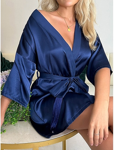  Damen Freizeitkleidung Robe Mode Lässig Einfarbig Satin-Seidenpyjamas Patchwork Kleid Shorts Heim Urlaub Kurzarm V Ausschnitt Schwarz Gelb Rosa Rote Marineblau Sommer Frühling Normale Passform