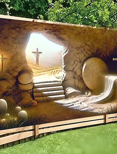  Ostern, Auferstehung, Jesus, leeres Grab, er ist auferstanden, drei Kreuze, weggerollter Stein, Kalvarienberg, heiliges Licht, Garagentorbanner, Wandteppich, Außenkulisse für Kirche, Haus, Garten,